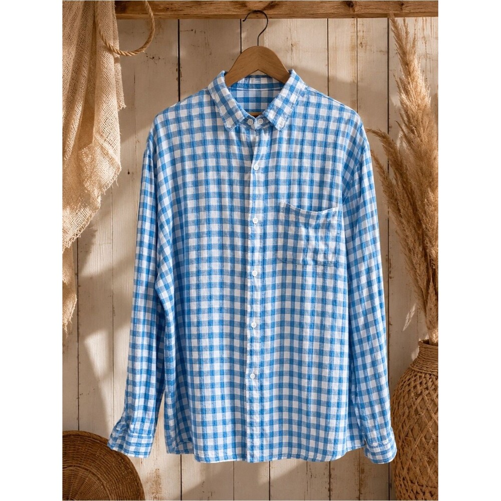Old Navy Blue White Plaid‎ Long Sleeve Button Down Shirt Size XXL